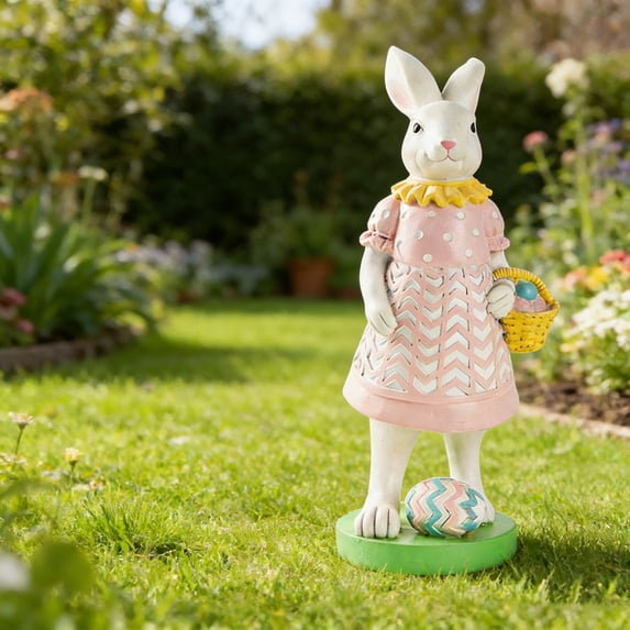 Taicans Easter Bunny Figurine with Egg Basket,12in Cute White Resin Rabbit Statue,Spring Home Table Decor,Easter Party Gift,Holiday Ornament for Mantel Shelf Decorations