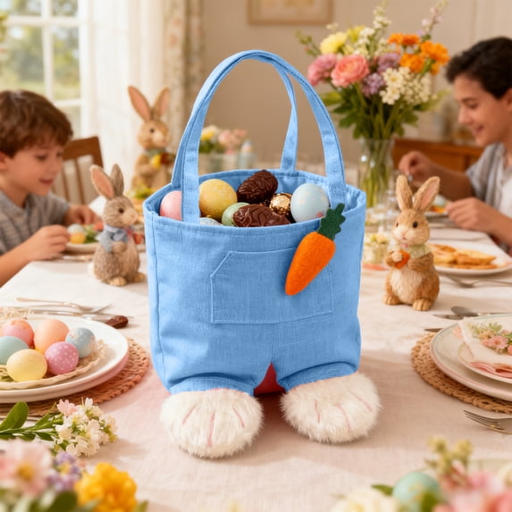 Taicans Easter Bunny Overalls Shape Gift Bag - Linen Reusable Treat Tote with 3D Carrot,for Easter Egg Hunt Candy,Kids Party Favors,Spring Home Decor,Durable Fabric Tote Bag 10x18 Inches