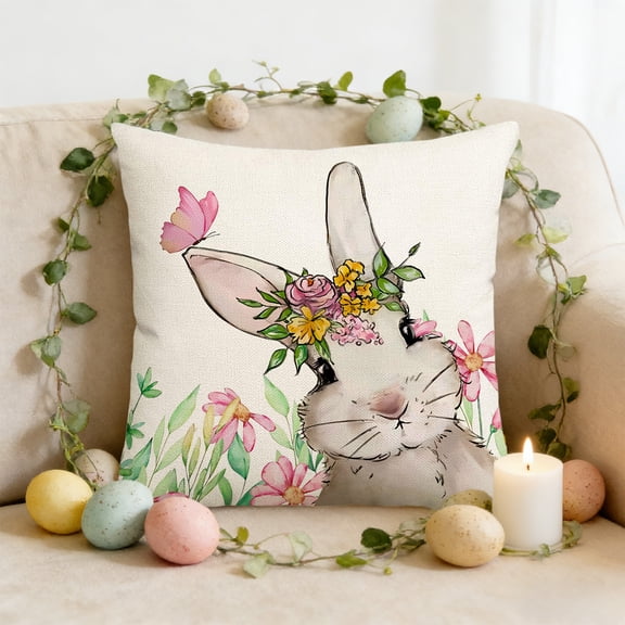 Taicans ‌Easter Bunny Pillow Cover 18x18 Inch,Cute Floral Rabbit Design Spring Decorative Throw Pillowcase for Sofa,Bed,Car - Soft Linen Blend Holiday Home Decor‌