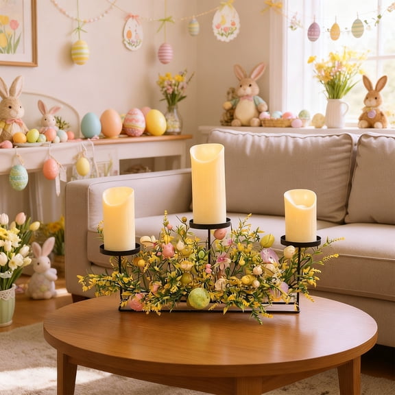 Taicans Easter Candle Holders with Easter Eggs & Greenery,Flameless Table Centerpiece for Holiday Party Decor,Spring Home Dining Table Decor,17.7x10.2x7.1 Inches