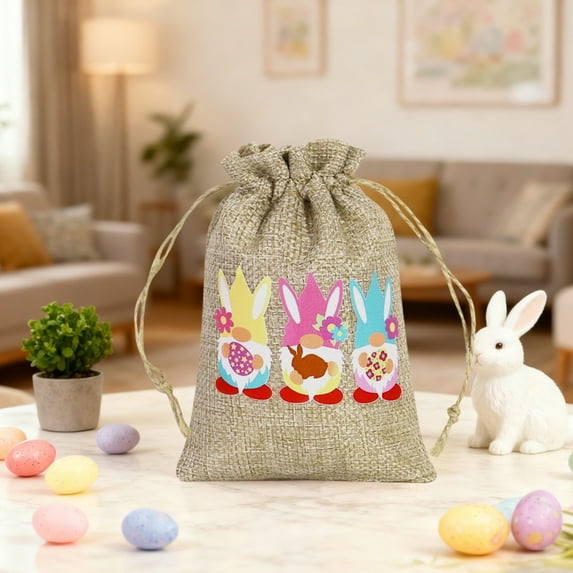 Taicans Easter Candy Bags with Bunny Print,Colorful Linen Drawstring Gift Bags 3.9x4.3in for Kids Easter Egg Hunt,Party Favors & Holiday Treats,1Pcs