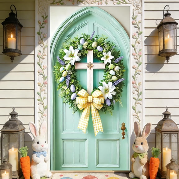 Taicans Easter Door Cover with Cross Design,35.4x70.8 Inch Spring Front Door Cover Decor Artificial Greenery Wreath with White Lilies,Colorful Eggs and Yellow Bow for Holiday Home Party Decorations