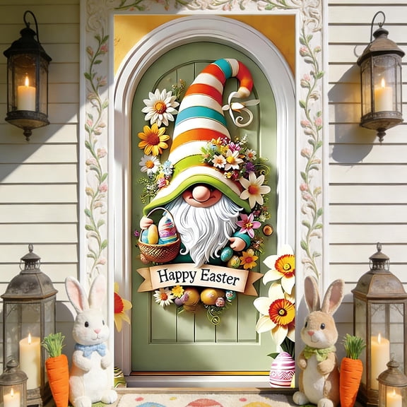 Taicans Easter Gnome Door Cover Large 35.4x70.8 Inch,Colorful Gnome with Flowers and Eggs Design,Reusable Spring Holiday Decor for Front Door,Living Room,Wall,Easy to Install Easter Decoration