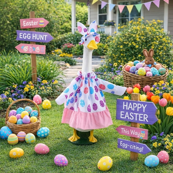 Taicans Easter Goose Outfit for 23 inch Lawn Statue, Floral Dress with Bunny Ears, Spring Outdoor Garden & Patio Decor