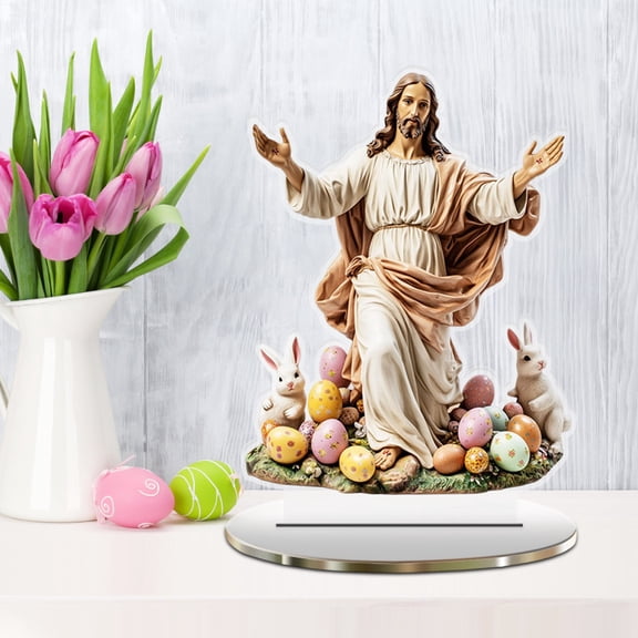 Taicans Easter Jesus Figurine Religious Easter Decor 7.9 Inch Resin with Rabbits and Colorful Eggs for Religious Tabletop and Easter Holiday Home Decor