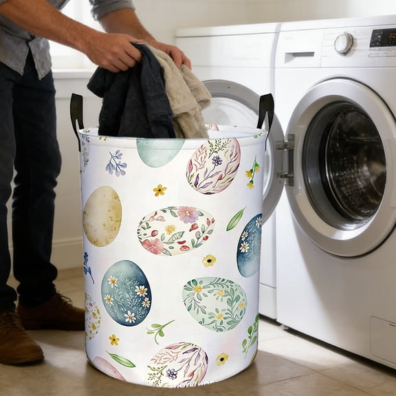 Taicans Easter Laundry Hamper Basket with Floral Egg Pattern,16.5x13.3 Inch Collapsible Storage Bin with Handles for Dirty Clothes,Foldable Hamper for Bedroom Dorm Nursery Organization