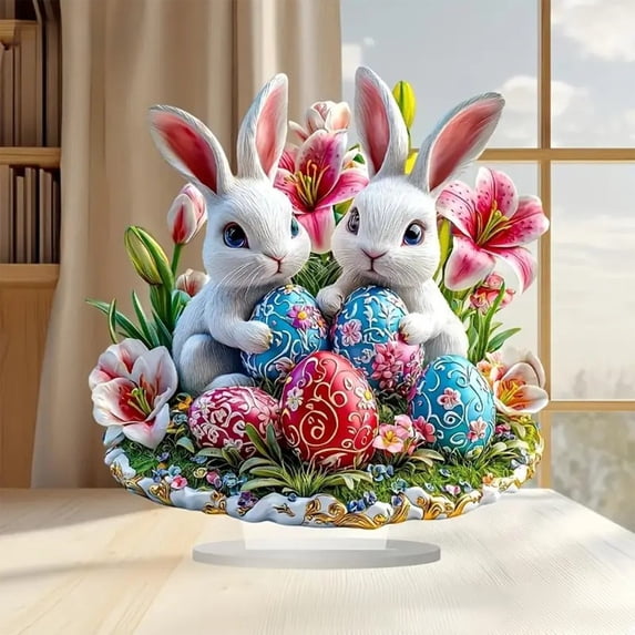 Taicans Easter Ornament with Bunny and Egg Design 2D Desktop Bookshelf Dining Table Home office Holiday Decoration for Spring Party and Gift,7.8in