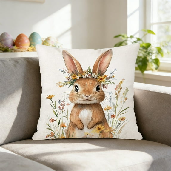 Taicans Easter Pillow Cover 18x18 Inch,Cute Bunny with Flower Crown Design Linen Blend Soft Throw Pillow Case for Spring Home Decor,Farmhouse Couch Sofa Bedroom,Easter Gift Idea