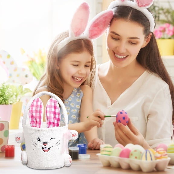 Taicans Easter Plush Bunny Basket with Plaid Rabbit Ears & Handle for Kids,Large 7.8x8.6 Inch Reusable Candy Bag for Egg Hunt Treats,Easter Decorations,Party Favors,Gift Bag and Storage Basket