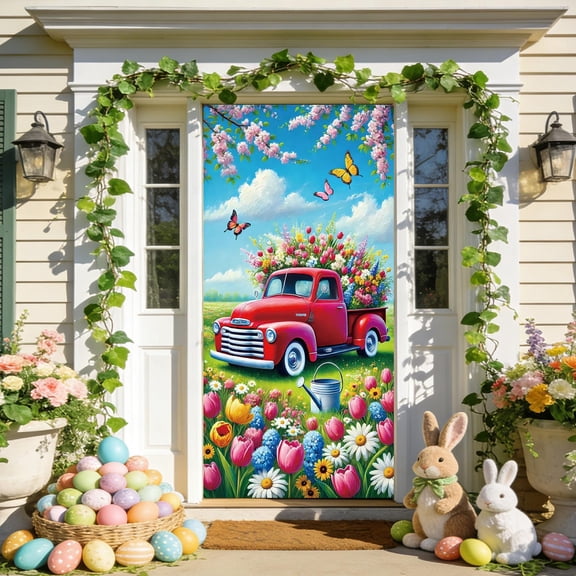 Taicans Easter Spring Door Cover with Red Truck,Floral Design,Butterflies & Watering Can,35.4x70.8 Inch Reusable Holiday Decor for Front Door,Wall Hanging for Living Room,Bedroom,Durable Fabric
