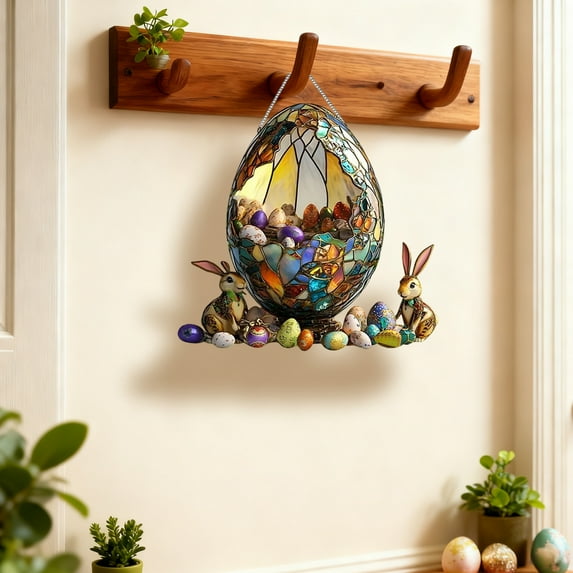 Taicans ‌Easter Stained Glass Sun Catcher,Spring Window Decor - Colorful Mosaic Egg Design with Bunny & Eggs Accents,20cm/7.87in,Festive Home Decoration for Holiday Windows‌