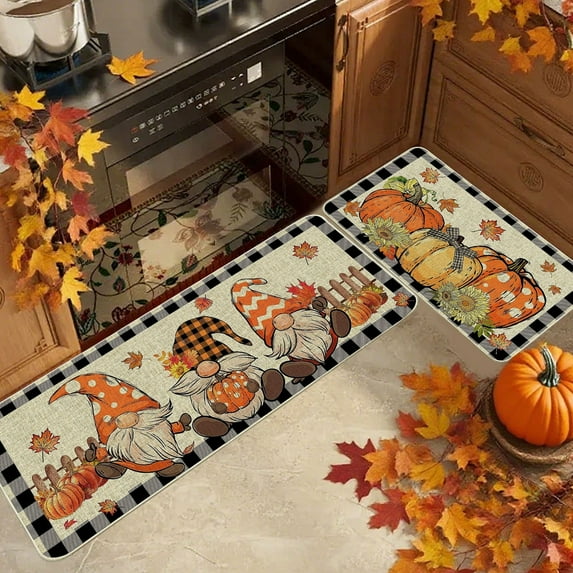 Taicans Fall Gnome Pumpkin Maple Leaf Doormat Set of 2 - Non-Slip Kitchen Rugs Halloween Thanksgiving Decor Indoor/Outdoor Mats for Front Door,Porch,Bathroom - 15.7x23.6in & 15.7x47in