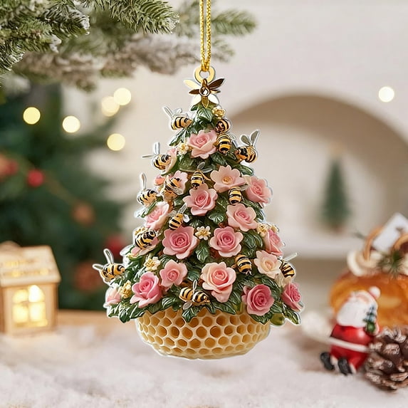 Taicans Floral Beehive Christmas Tree Ornament,Acrylic Hanging Decor with Bees & Flowers,Honeycomb Design&Mini Trees,Festive Holiday Decor for Christmas Tree,Wreath,Mantel,Floral Bee Theme Ornaments
