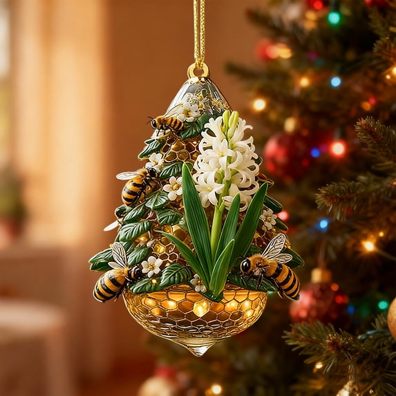 Taicans Floral Beehive Christmas Tree Ornament,Acrylic Hanging Decor with Bees & Flowers,Honeycomb Design&Mini Trees,Festive Holiday Decor for Christmas Tree,Wreath,Mantel,Floral Bee Theme Ornaments