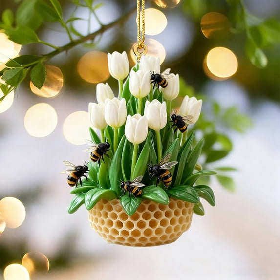 Taicans Floral Beehive Christmas Tree Ornament,Acrylic Hanging Decor with Bees & Flowers,Honeycomb Design&Mini Trees,Festive Holiday Decor for Christmas Tree,Wreath,Mantel,Floral Bee Theme Ornaments