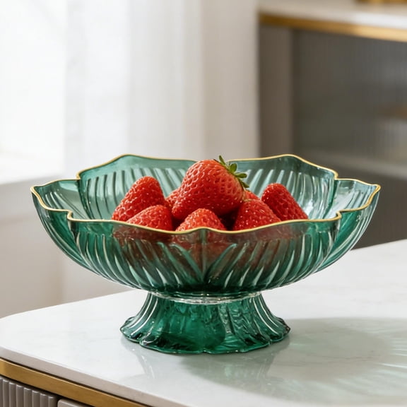 Taicans Fruit Bowl with Gold Rim,Pedestal Base,Decorative Plastic Serving Bowl for Kitchen Counter,Living Room,Entryway - 10 Inch Large Decorative Bowl for Fruits,Snacks,Candy