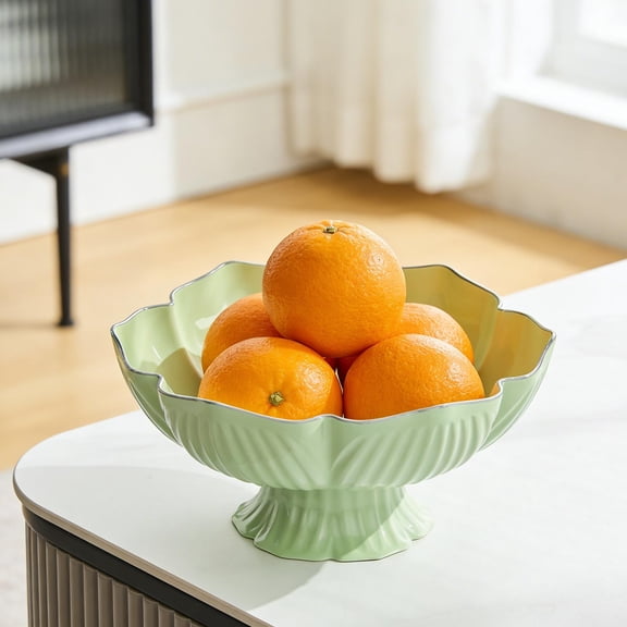Taicans Fruit Bowl with Gold Rim,Pedestal Base,Decorative Plastic Serving Bowl for Kitchen Counter,Living Room,Entryway - 10 Inch Large Decorative Bowl for Fruits,Snacks,Candy