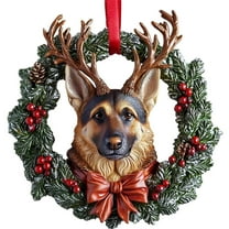 Taicans German Shepherd Christmas Tree Ornament - Resin Dog Lover Gift with Deer Antlers & Wreath,Red Bow Holiday Decor,3in