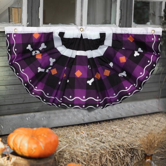 Taicans ‌Halloween Buffalo Check Bunting with Skulls - 17.7x35.4in Pleated Porch Banner for Yard,Fence,Party - Washable Purple/Black Decor‌