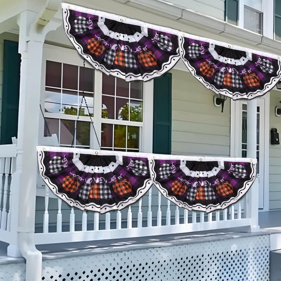 Taicans Halloween Buffalo Check Bunting with Skulls - 17.7x35.4in Pleated Porch Banner for Yard,Fence,Party - Washable Purple/Black Decor