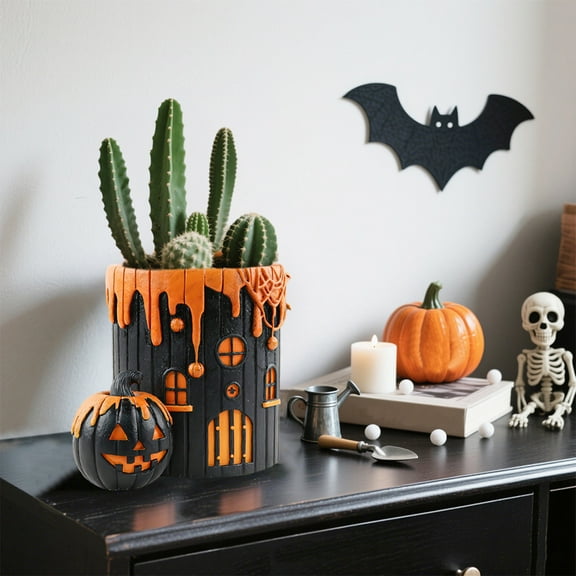 Taicans Halloween Pumpkin Skeleton Planter - Outdoor Resin Flower Pot Decor - Spooky Yard,Garden & Party Decoration - Durable Weatherproof Halloween Prop,7.9 x 6Inch