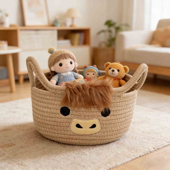 Taicans Highland Cow Rope Storage Basket,Cute Farmhouse Woven Cotton Rope Basket with Handles,Decorative Nursery Organizer Bin for Diapers,Towels,Keys,Rustic Highland Cow Home Decor