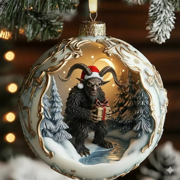 Taicans ‌Horrific Bull Demon King Christmas Ornament - Hand-Painted Glass Ball with Bull Demon King & Gift Scene,Winter forest Design,Gold Accents,Unique Holiday Decor,3.1in‌