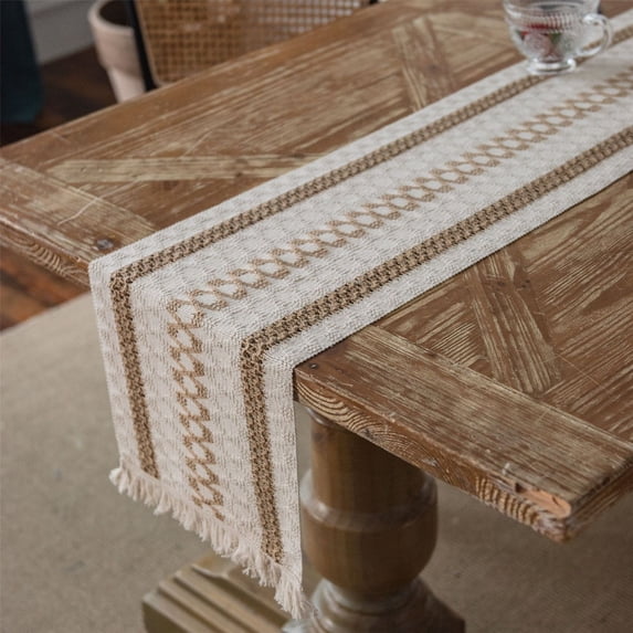Taicans Linen Tassel Table Runner,12 x 72 In Macrame Table Runner,Natural Burlap Boho Table Runner Modern Farmhouse Decor Rustic Woven Cotton Crochet Lace for Bohemian,Rustic,Bridal,Shower Wedding D
