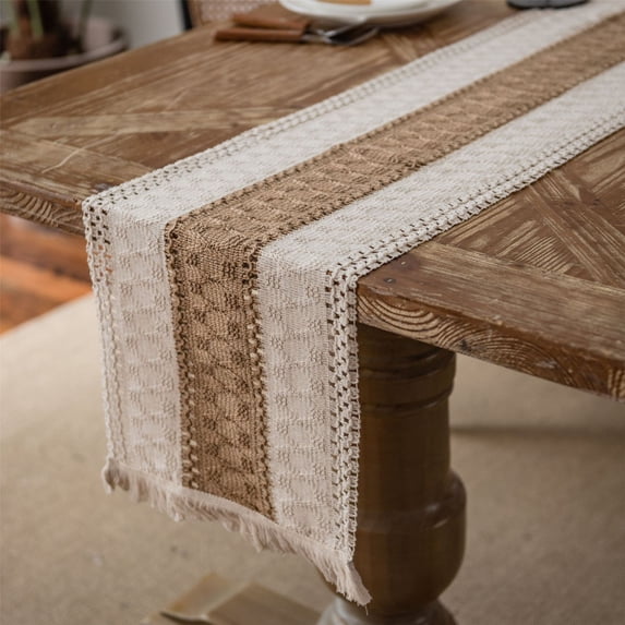 Taicans Linen Tassel Table Runner,12 x 72 In Macrame Table Runner,Natural Burlap Boho Table Runner Modern Farmhouse Decor Rustic Woven Cotton Crochet Lace for Bohemian,Rustic,Bridal,Shower Wedding A
