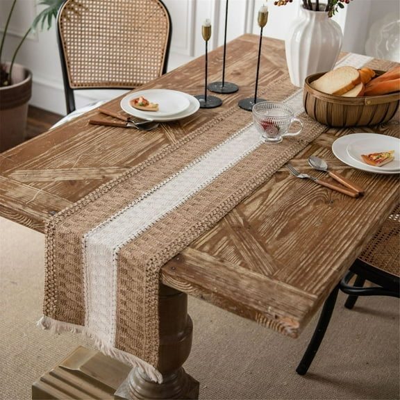 Taicans Linen Tassel Table Runner,12 x 72 In Macrame Table Runner,Natural Burlap Boho Table Runner Modern Farmhouse Decor Rustic Woven Cotton Crochet Lace for Bohemian,Rustic,Bridal,Shower Wedding B