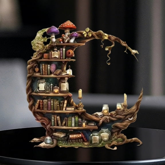 Taicans Moon-Shaped Book Lover Gift,5.9 Inch Acrylic Desktop Decor with Mushrooms & Books,Cute Bookshelf Figurine for Reading Nook,Home office Decoration and Tabletop Accent