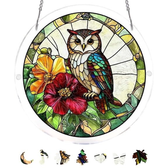 Taicans Owl Acrylic Puzzle Suncatcher,Stained Glass Style Flower Owl Window Hanging,DIY Animal Puzzle Sun Catcher,Colorful Owl with Floral Pattern Decor for Home Garden Wall Art,Gift for Owl Lovers
