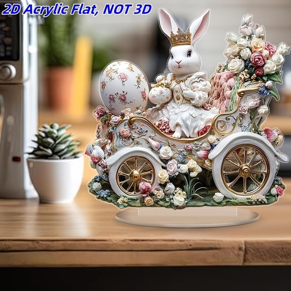 Taicans Rabbit with Crown 2D Acrylic Ornament,Easter Floral Carriage Decor with Egg Design,Cute Bunny Figurine for Home Desktop,Gift for Her,Easter Christmas Decoration