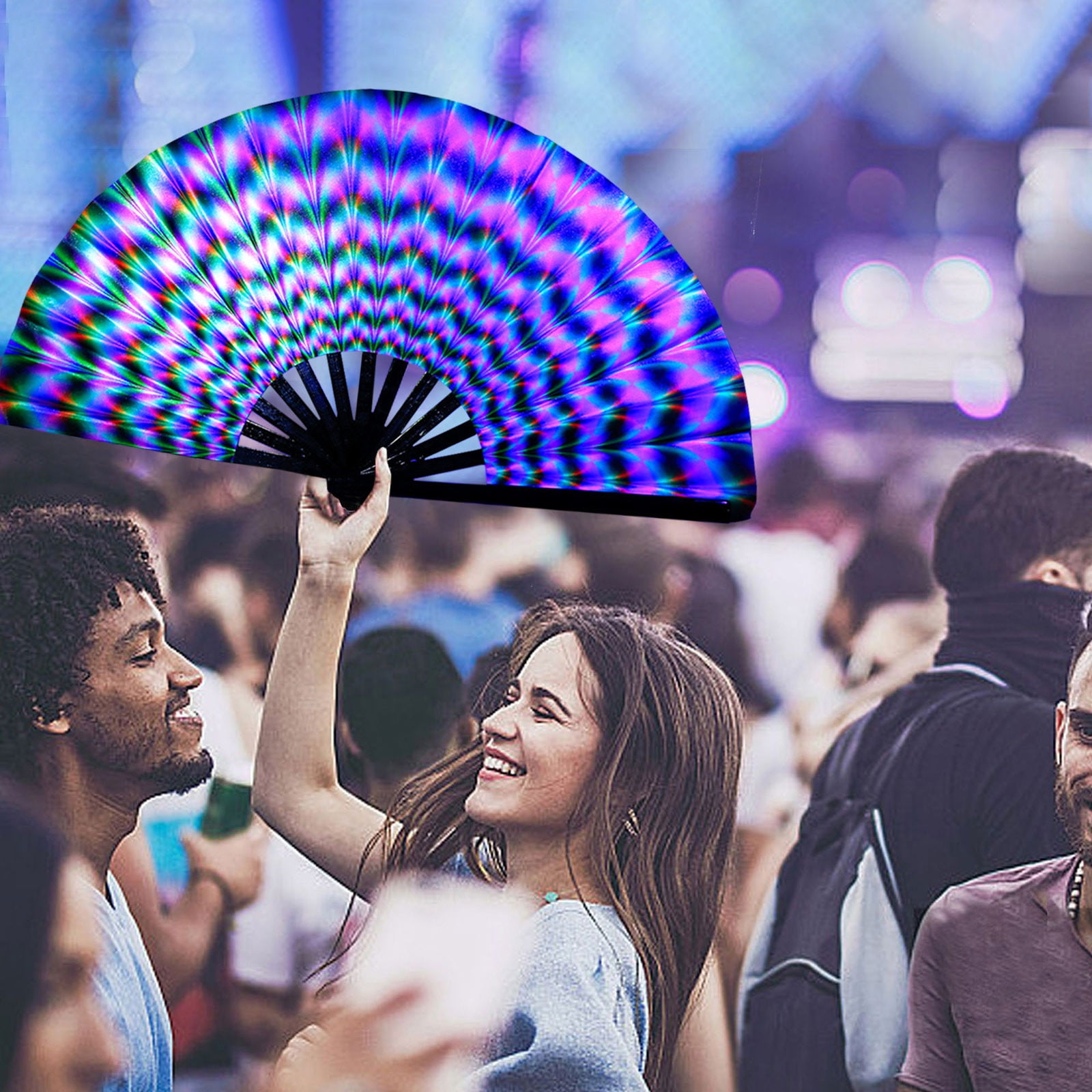 Taicans Rainbow Holographic Rave Hand Fan,Large Folding Pride Festival ...