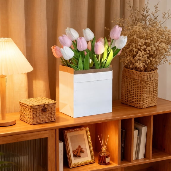 Taicans Realistic Faux Tulip Arrangement in White Planter,13in Tall Lifelike Silk Tulips for Home Decor,Wedding Centerpiece,office Decor,Long Lasting Easy Care Gift