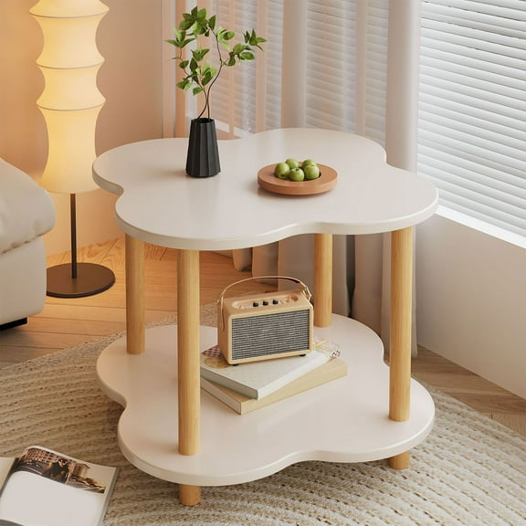 Taicans Round End Table,Small Round 2 Tier Wooden Side End Table,Four-Leaf Clover Bedside Table,Small Side Table Living Room Corner Table Drink Table for Living Room,Bedroom White