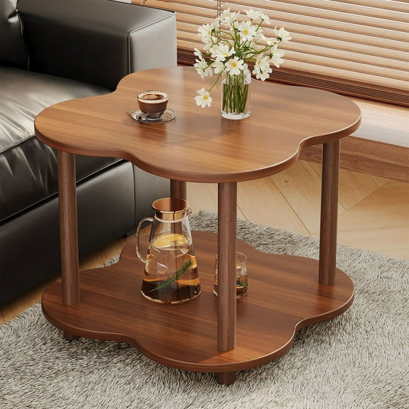 Taicans Round End Table,Small Round 2 Tier Wooden Side End Table,Four-Leaf Clover Bedside Table,Small Side Table Living Room Corner Table Drink Table for Living Room,Bedroom Coffee