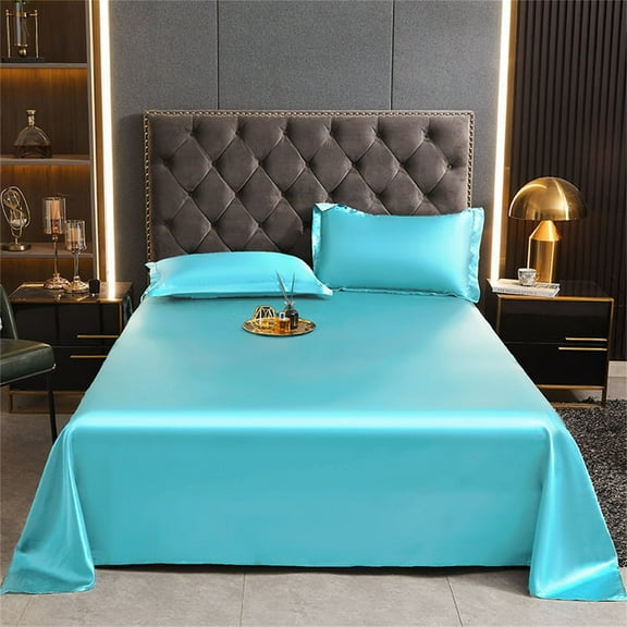 Taicans Satin Bed Sheets,3 Pcs Queen Size Silky Bedding Set,Microfiber Sheet Set,Non-Fading & Wrinkle Free,Cooling,Breathable,Hypoallergenic,1 Flat Sheet + 2 Pillowcases 66.9"x90.5" Quiet Blue