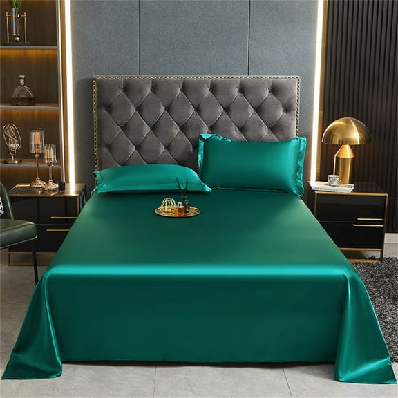 Taicans Satin Bed Sheets,3 Pcs Queen Size Silky Bedding Set,Microfiber Sheet Set,Non-Fading & Wrinkle Free,Cooling,Breathable,Hypoallergenic,1 Flat Sheet + 2 Pillowcases 66.9"x90.5" Dark green