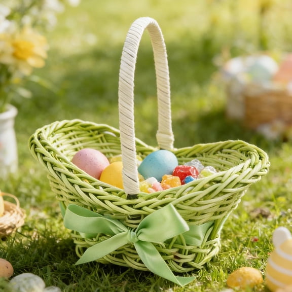 Taicans Small Wicker Easter Basket with Handle,Mini Rattan Woven Basket with Satin Bow,Cute Decorative Gift Basket for Easter Eggs,Party Favors,Flower Arrangements & Kids’ Small Toys