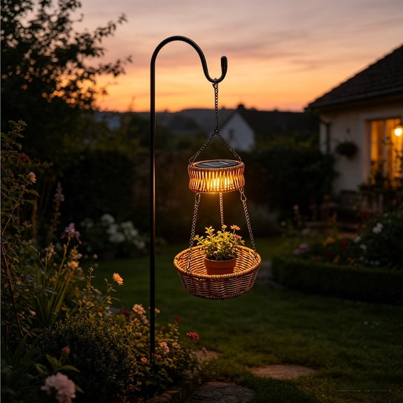 Taicans Solar Rattan Hanging Planter with Light,Boho Style Solar LED Hanging Basket Light,2-in-1 Waterproof Outdoor Hanging Plant Holder for Patio Garden Decor