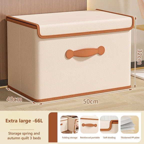 Taicans Storage Bin with Lid Storage Boxes with PU Leather Handles PP Plastic Board Decorative Foldable Lidded Cotton Linen Fabric Home Cubes Baskets Closet Organizer Container,Washable,66L