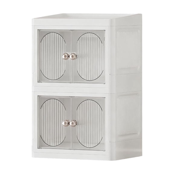 Taicans Storage Cabinet 14.2x9.1x7.9in Plastic Foldable Makeup Organizer,2-Door 2-Layer Vanity Organizer No Assembly Required,Stackable for Cosmetics Skincare Stationery,White