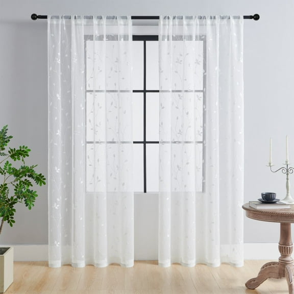 Taicans White Sheer Voile Curtains,Decorative Leaves Embroidery Faux Linen Rod Pocket Window Drapes for Home Kitchen,Living Room and Bedroom 54x63in/1 Panels