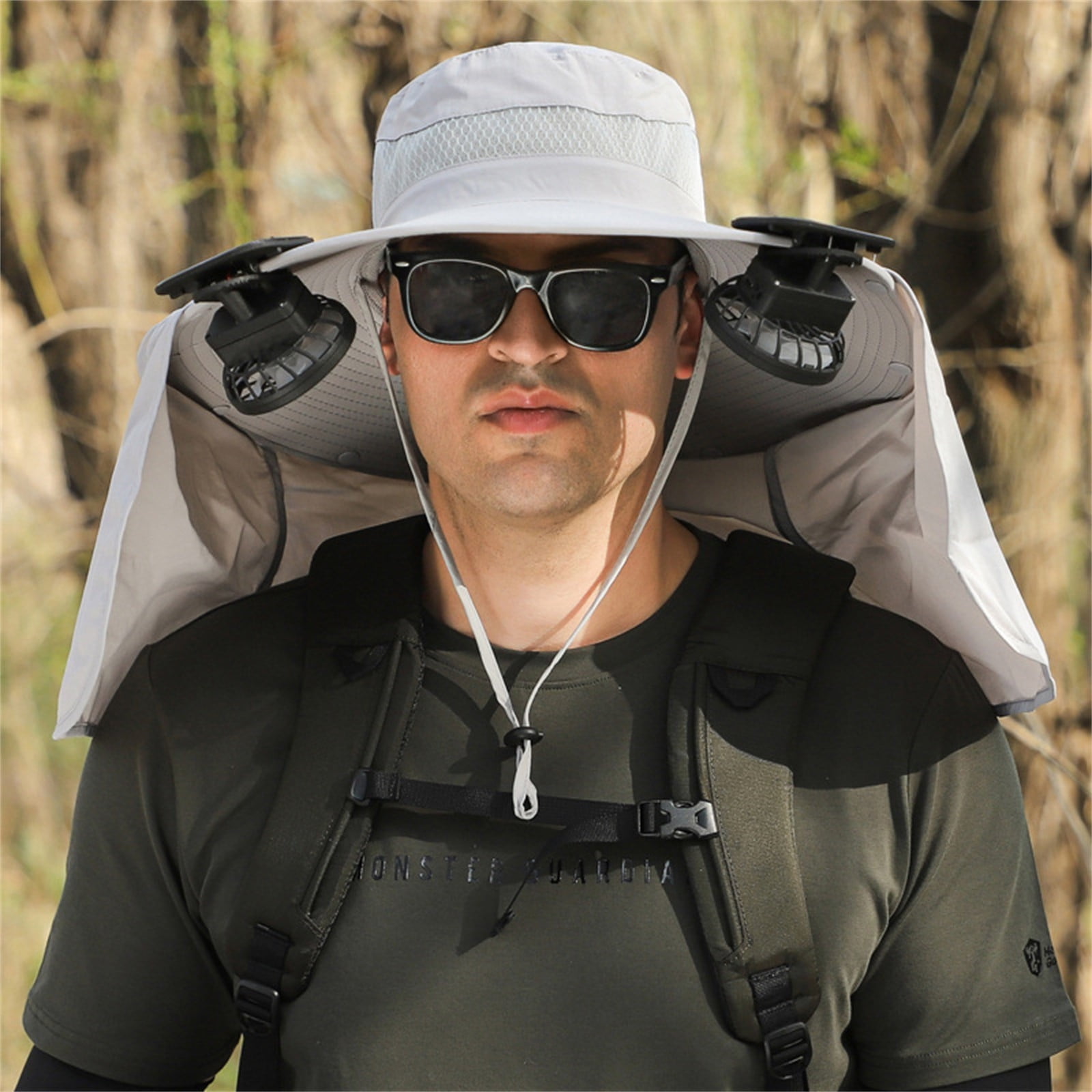 MGEZCOO Solar Fan Outdoor Fishing Hat, Solar And USB Charging, Long
