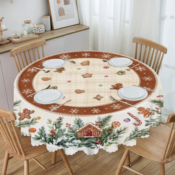 Taierverra Christmas Table Covers for 6 Foot Tables Reusable Tablecloths Xmas Cookie Snowflake Table Cloths for Round Tables Cute Spill-proof Gingerbread House Round Table Cover Fitted