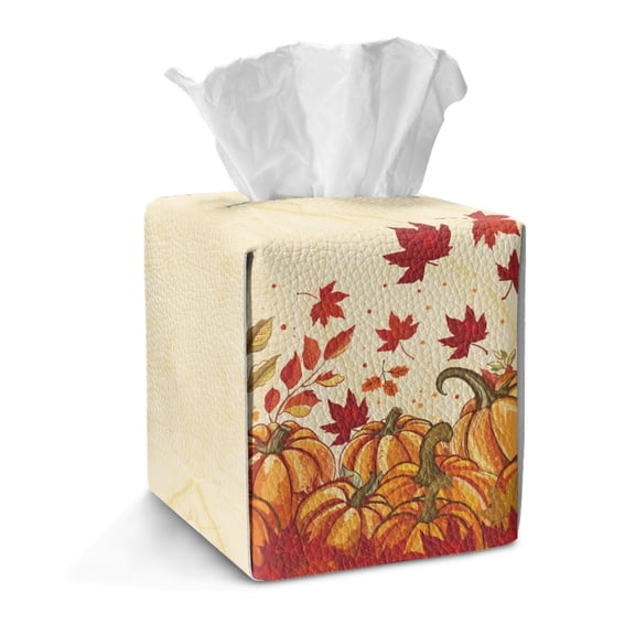 Taierverra Fall Tissue Box Cover Cube for Livingroom Home 5×5×5" Thanksgiving Pumpkin Tissue Storage Box with Bottom Snap Button Lightweight Paper Case Organizer for Home, Office