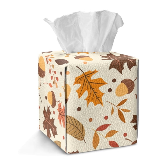 Taierverra Fall Tissue Box Cover Maple Leaf Tissue Cube Holder Leather Portable Tissue Boxes Dispenser, Decor Cube Paper Organizer with Button for Office, Nightstand, Tabletop 5×5×5"