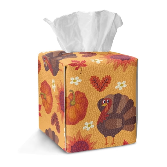 Taierverra Fall Tissue Box Holder Pumpkin Tissue Box Cover 5×5×5" Leather Portable Tissue Cube Box Organizer, Facial Cube Tissue Box Cover for Kitchen, Tabletop, Night Stands, Car