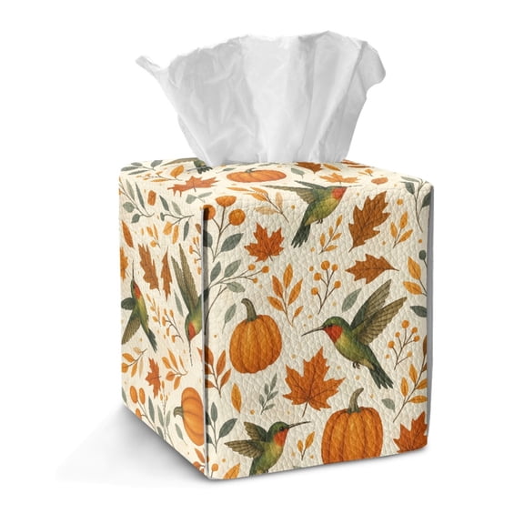 Taierverra Fall Tissue Box Organizer with Bottom Snap Button 5×5×5'' Thanksgiving Tissue Box Cover for PU Leather, Modern Square Tissue Bag, Ideal for Bathroom, Office, Kitchen, Nightstand
